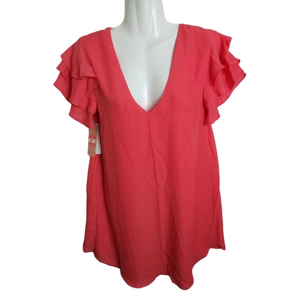 GB Coral Ruffle Sleeve Deep V Neck Top Blouse XS - Picture 6 of 6